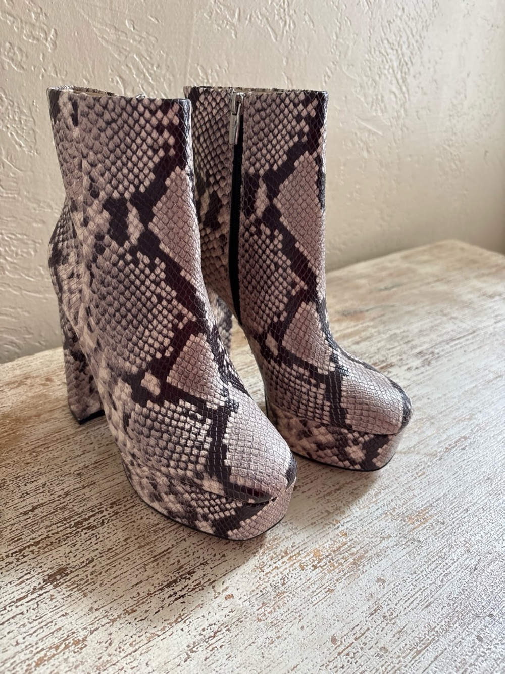 Vince Camuto Taupe and Black Snakeskin Platform Ankle Boots